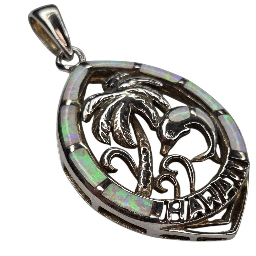 Hawaii Pendant Sterling Silver Lab Opal Blue White Tropical Palm Dolphin Hawaii